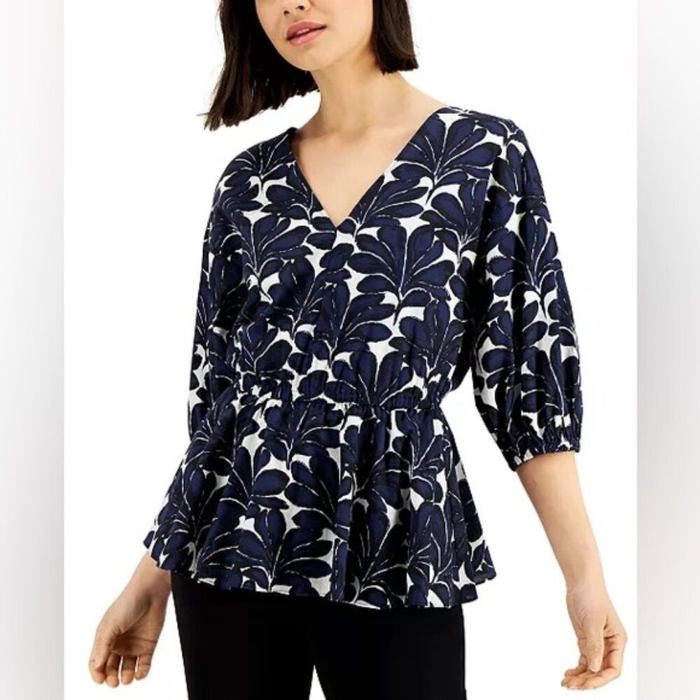 NWT DONNA KARAN SEASIDE Floral Print V neck Peplum Hem Elastic Cuffs Blouse Sz M